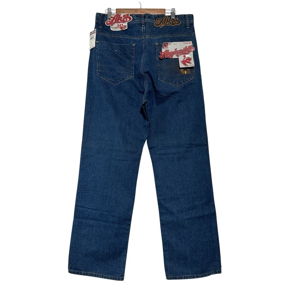 AKADEMIKS NWT Vintage J1 SoHo Men's Jeans Blue Baggy Wide Leg Denim‎ Y2K Size 34